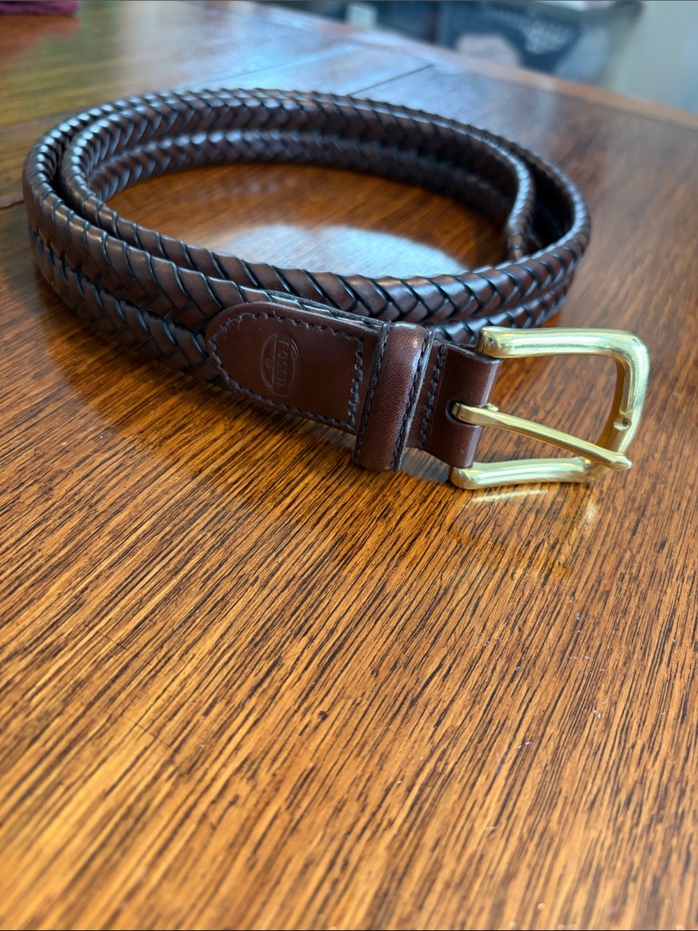 Fossil Brown Braided Leather Belt Brass Buckle 40